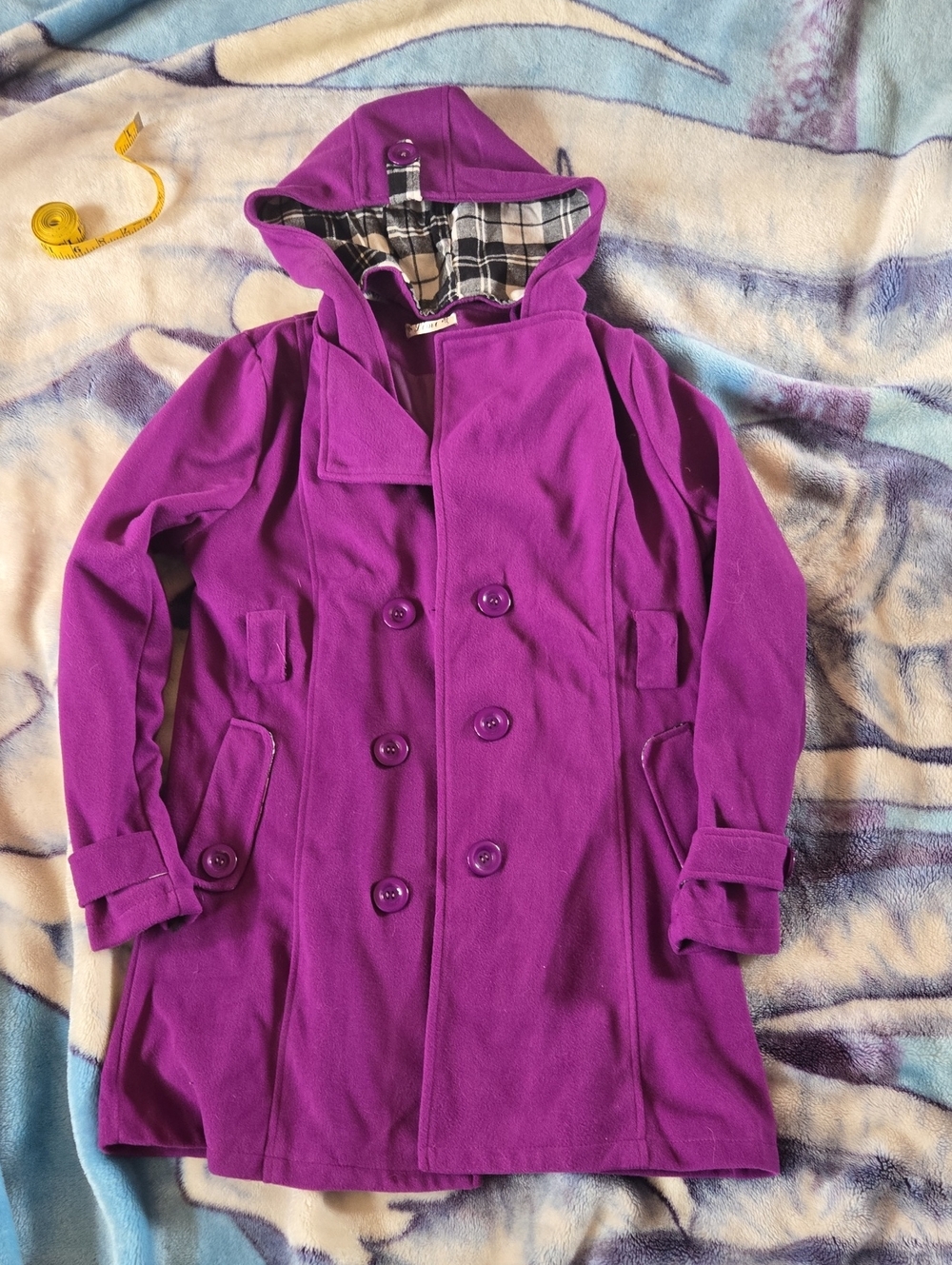 Womans Hooded Double-Breasted Coat - Purple